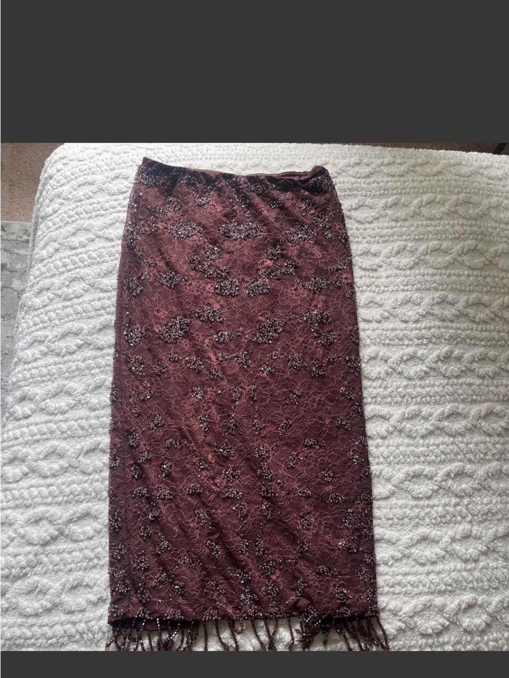 Outcast Melinae Embellished Brown Lace Midi Skirt with Fringe